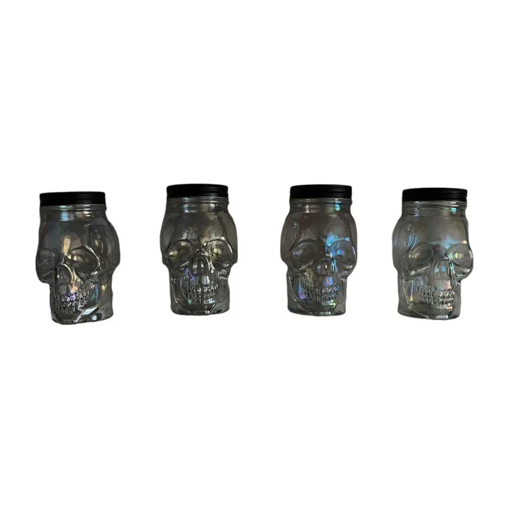 NWT Celebrate Skull Glass Slipper Clear Iridescent Colorful Glass Halloween 4 Pc
